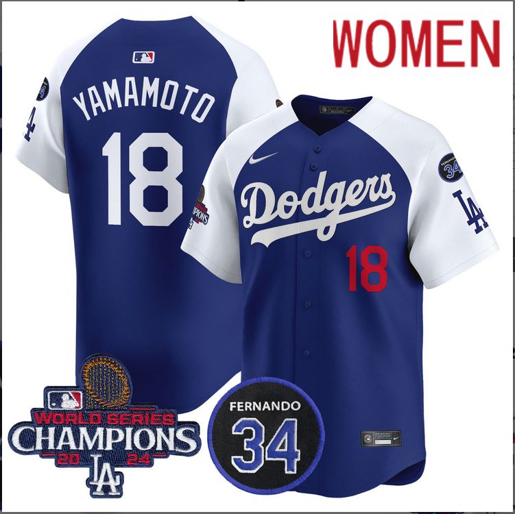 Women MLB Los Angeles Dodgers #18 Yamamoto blue 2024 World Series Champions Patch Limited Jersey style 3->women mlb jersey->Women Jersey